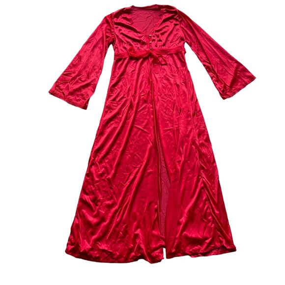 vintage 70s red satin peignoir with bell sleeves